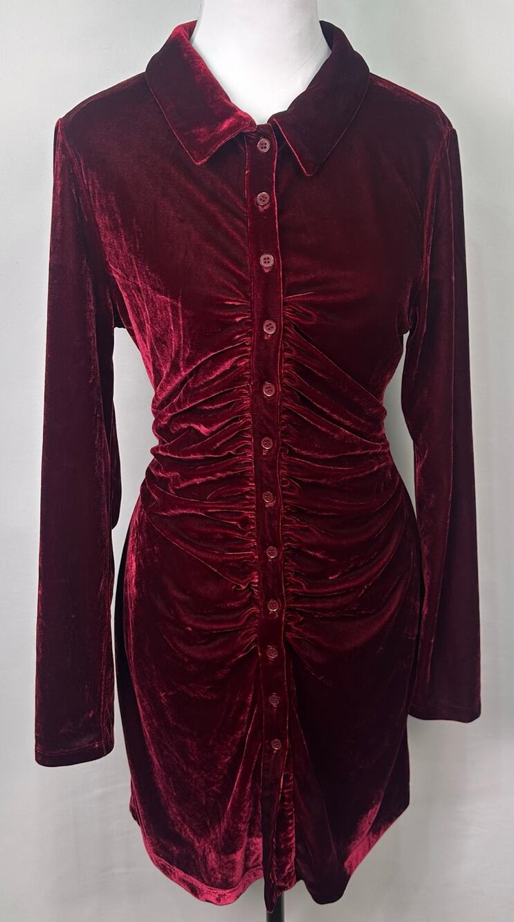 House of Harlow 1960 Red Velvet Ruched Button Front Dress Size Medium